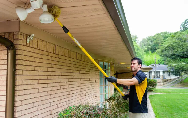 An Advanced Pest Control technician removes cobwebs from a home's exterior light in Hot Springs.