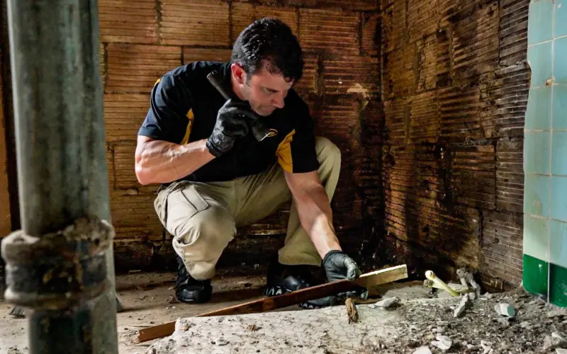 An Advanced Pest Control technician inspects an exposed floor in the bathroom of a Mabelvale home for signs of pest intrusion.