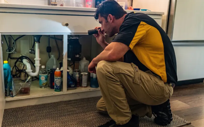 An Advanced Pest Control technician shines a light under a sink in search of pests.